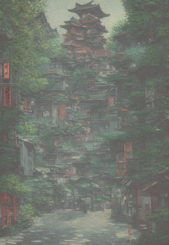 Image similar to a beautiful japanese city in the mountain, amazing ryokans and gorgeous edo era houses, yokai all around, epic cyberpunk, lofi vibe, colorful, vivide colors, amazing light, light beams with dust, really mesmerizing nature, by jeremy lipkin, by claude monet, by makoto shinkai, kandinsky touches, inspired by ghibli, masterpiece, beautiful