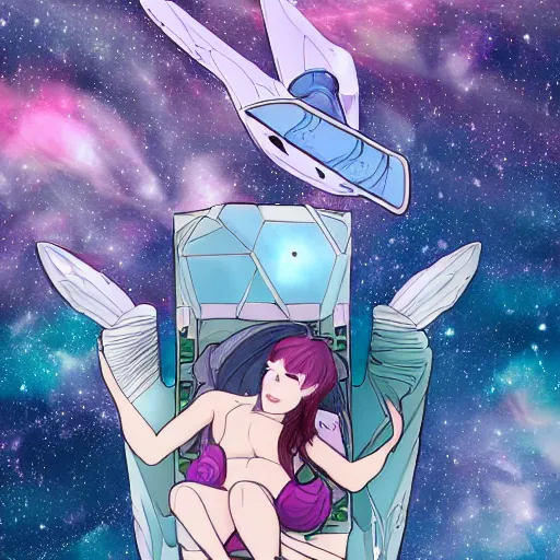 Image similar to fae valentine lying down ontop of her spaceship taking a nap