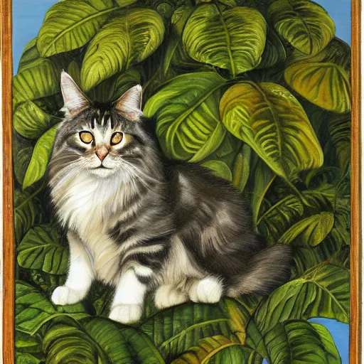 Prompt: a reneissance painting of a maincoon cat among big green leaves, very detailed, in the style of mantegna