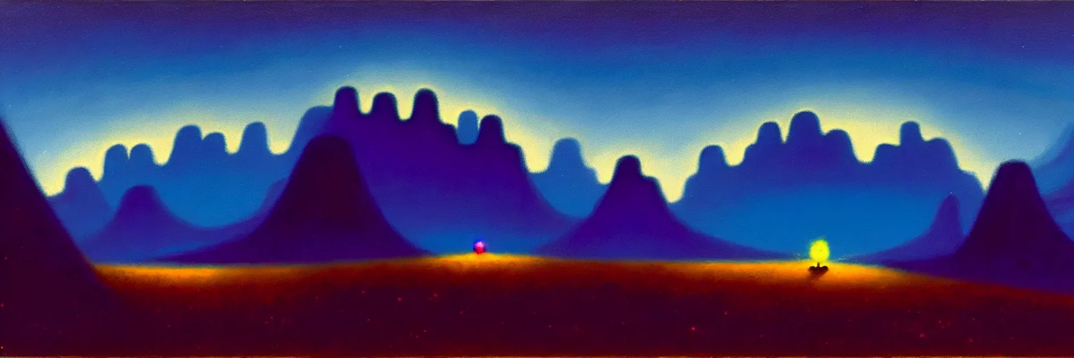 Image similar to cartoon paul lehr narrow night landscape with farawaymountains dark blue tones