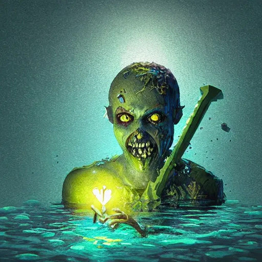 Image similar to voxel painting by greg rutkowski of a drowned zombie holding a trident with glowing cyan eyes, wearing ragged clothing, holding a trident, underwater, pastel green and blue color palette