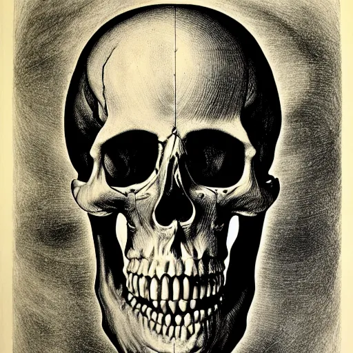 Image similar to scull anatomical atlas dissection center cut lithography on paper conceptual figurative ( post - morden ) monumental dynamic soft shadow portrait drawn by hogarth and escher, inspired by goya, illusion surreal art, highly conceptual figurative art, intricate detailed illustration, controversial poster art, polish poster art, geometrical drawings, no blur
