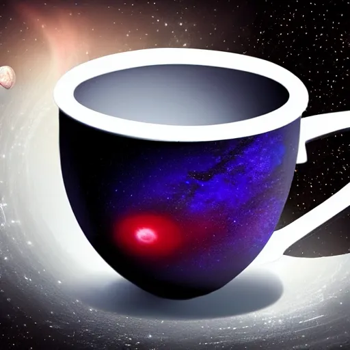 Image similar to a teacup containing a planet Jupiter as a boiling liquid, hyper realistic