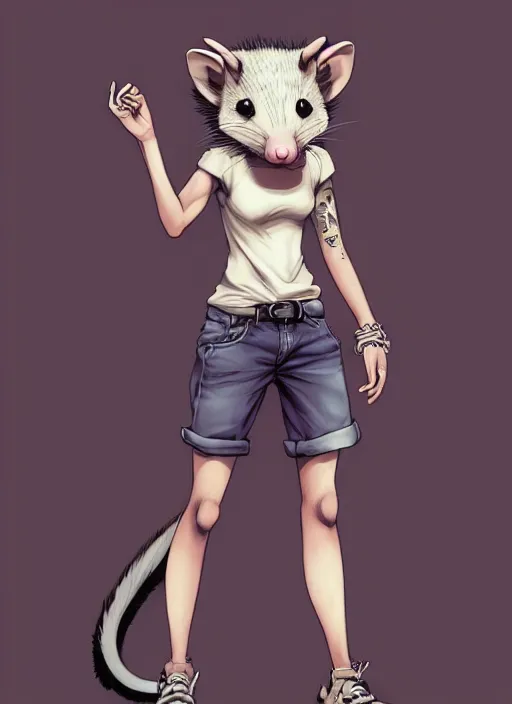 Image similar to character portrait of a female anthro opossum fursona wearing a tanktop and shorts with arm tattoos. Character design by charlie bowater, ross tran, artgerm, and makoto shinkai, detailed, inked, western comic book art