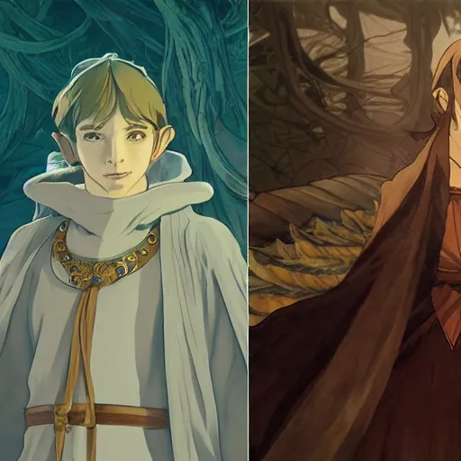 Prompt: elf wizard, dungeons and dragons, male, ornate robes, realistic facial features, highly detailed, illustration, Makoto Shinkai and Studio Ghibli animated film still, by Ilya Kuvshinov and Alphonse Mucha