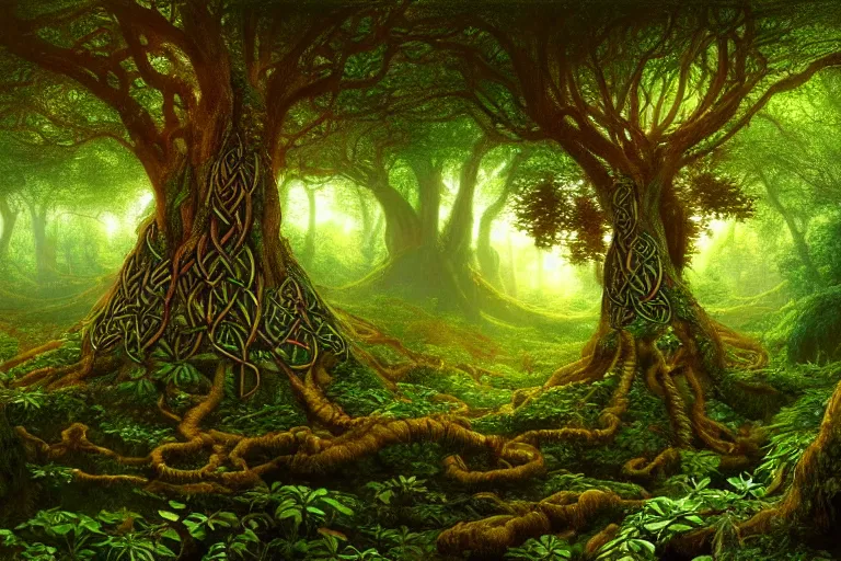 Image similar to a beautiful and highly detailed digital painting of a celtic elven tree in a lush forest, psychedelic patterns, celtic, intricate details, epic scale, 8 k, sharp focus, photorealism, artstation, cgsociety, by caspar friedrich, albert bierstadt, james gurney, brian froud,