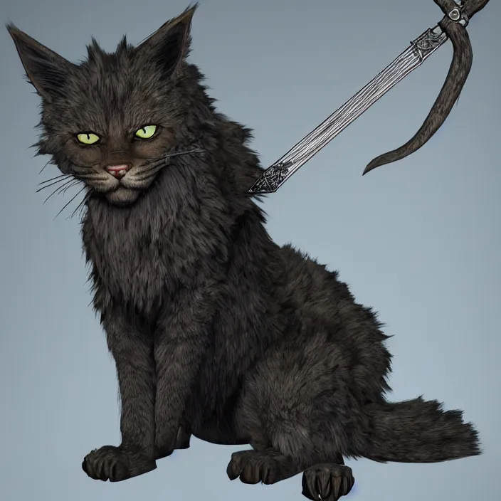 Prompt: khajit tabaxi catfolk humanoid with maine coon features black fur with a scar on the left eye and holding two shortswords cloaked in shadow and wearing hooded leather armor toned muscle, dungeons and dragons, pure white background, fantasy, tarot card style, high detail, hyper realistic