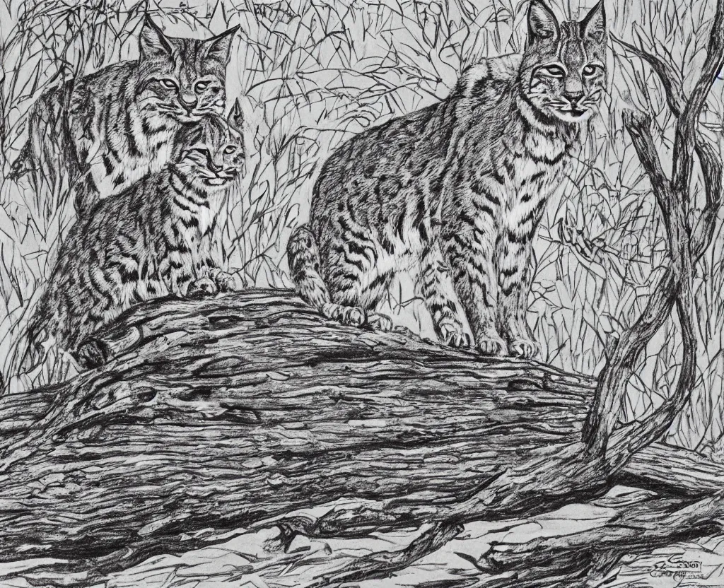 Prompt: bobcat standing alone on a log, by Currier & Ives, black and white, line art, pen & ink drawing, character concept, low detail