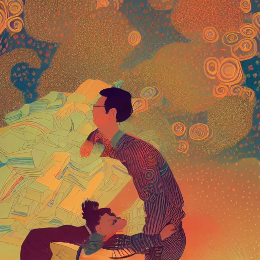 Image similar to a son imitate his father, joyful, illustration by victo ngai