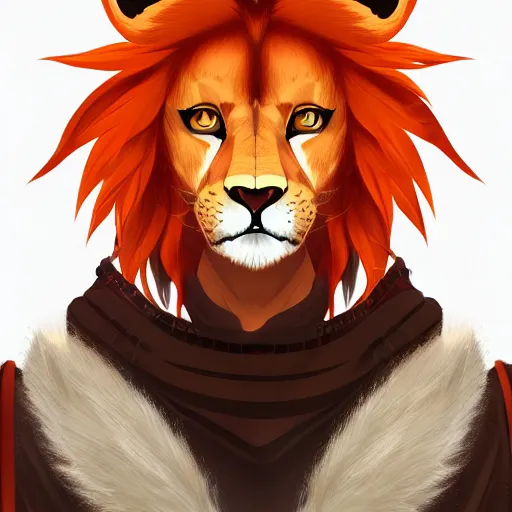 Image similar to portrait of a lion man warrior, fursona, furry art, anthro, light orange fur, detailed long dark orange mane, orange eyes, anime key visual, makoto shinkai