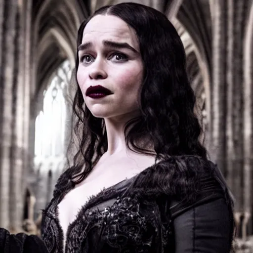 Image similar to emilia clarke as a goth temptress in a gloomy gothic cathedral at night