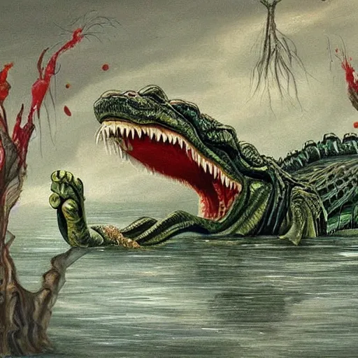 Prompt: a beautiful complex painting of a massive crocodile with a bloody mouth and his tongue was very long the entity have a very long and sharp tail the crocodile have a red bloody eyes in it's on a swamp