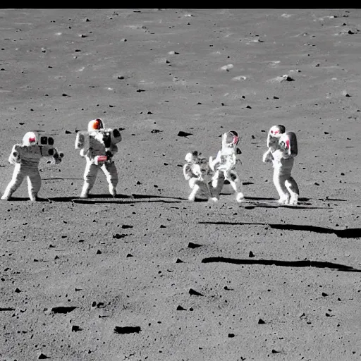 Image similar to a team of astronauts playing cricket on the moon. low gravity environment