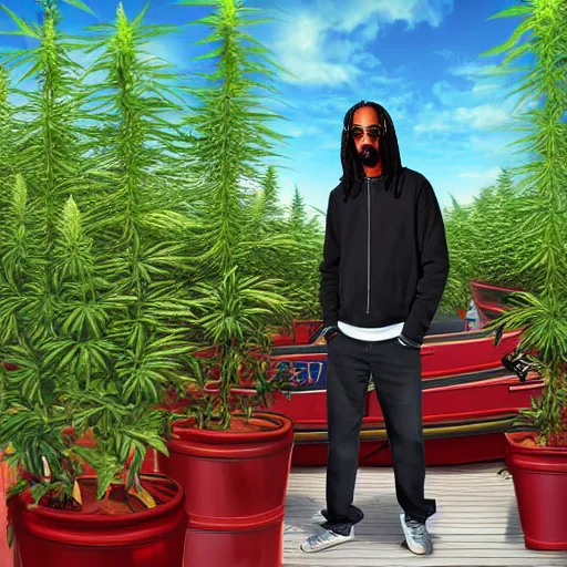 Image similar to snoop dog standing on a boat in front of huge cannabis plants, realistic digital art, highly detailed