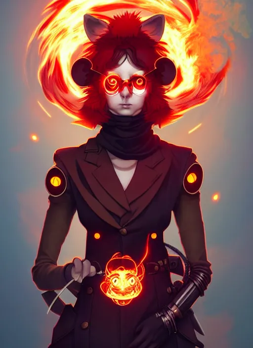 Image similar to style artgerm, joshua middleton, illustration, anthropomorphic hamster steampunk half - cyborg, anime eyes, red fur, swirling fire flames cosmos, fantasy, dnd, cinematic lighting