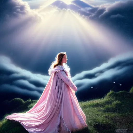 Image similar to royalty angel, big wings, argentina, natalie portman, hudson river school, max rive, full plate armor, f 1 6, bokeh, gentle, female, snowy mountain, storm clouds, god rays, close up portrait, d & d, fantasy, elegant, teal pink white gold color palette, concept art, roger deakins and greg rutkowski and alphonse mucha