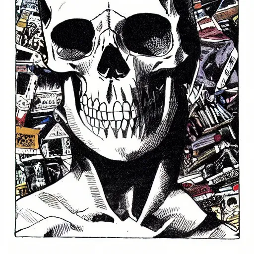 Prompt: a beautiful comic book illustration with a man in a skull head