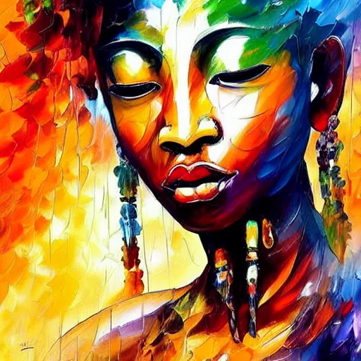 Image similar to strikingly beautiful african bodhisattva, praying meditating, realism, elegant, intricate, portrait photograph!! by leonid afremov and carne griffiths