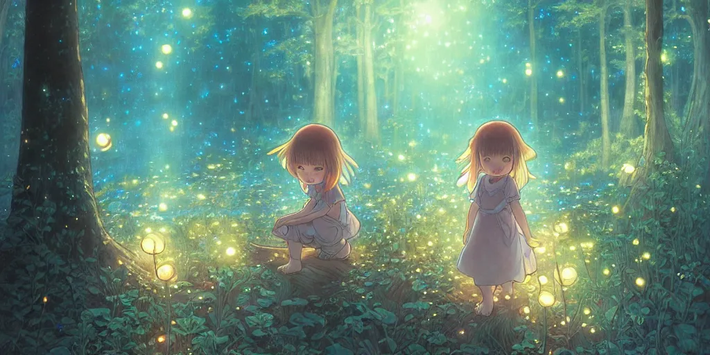 Prompt: small girl and the fireflies, by the pond in a forest, night sky. anime, fantasy, smooth. digital painting, by hayao miyazaki and rossdraws and artgerm and detmold and greg rutkowski and alphonse mucha. artstation. beautiful, high quality, stunning, intricate detailed environment. 8 k