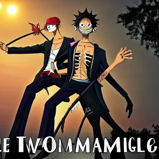 Prompt: two young men, one man human, one man vampire, night, on a bridge, in the style of one piece