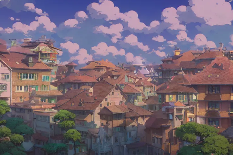 Image similar to a wholesome animation key shot of a traditional city with tiled roofs, medium shot, studio ghibli, pixar and disney animation, sharp, rendered in unreal engine 5, anime key art by greg rutkowski, bloom, dramatic lighting