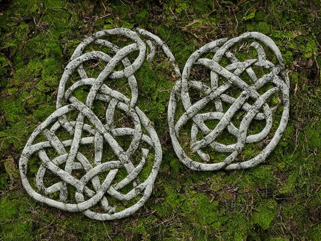 Image similar to Stone circle in an enchanted forest grove, mossy and green, at night with full moon, celtic knot made of wood and bone