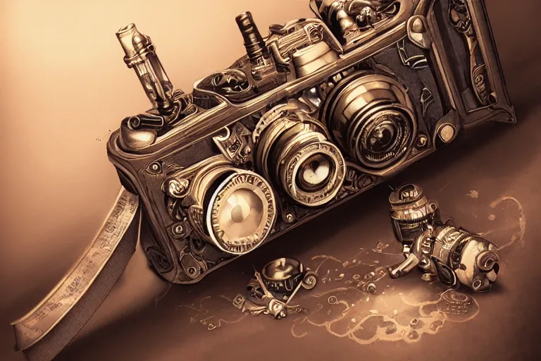 Image similar to a steampunk camera film by artgerm, hyper detailed, trending on artstation