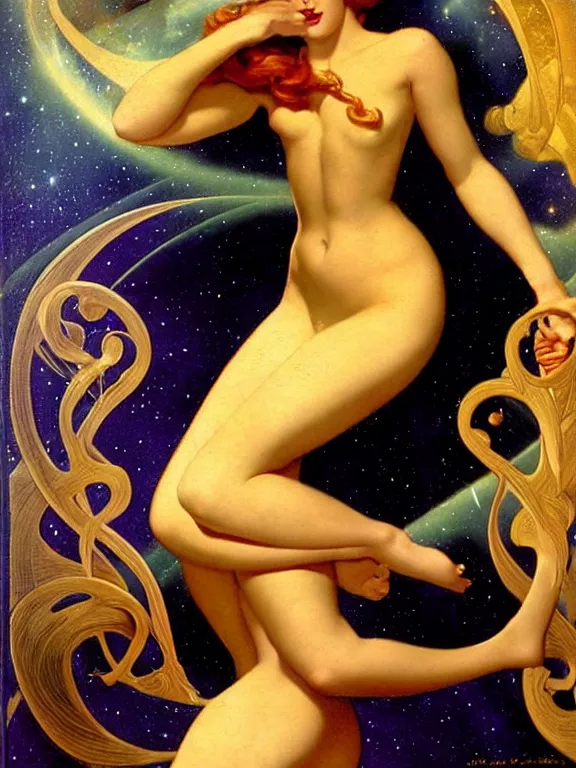 Image similar to Morpheus the god of dreams, a beautiful art nouveau portrait by Gil elvgren, colliding galaxy environment, centered composition, defined features, golden ratio, silver helmet