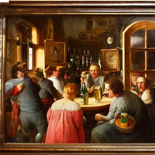 Prompt: English pub, inside, people drinking beer, 1800's, oil painting