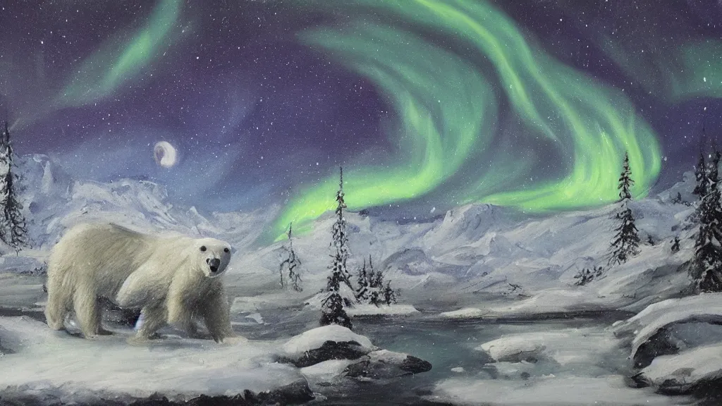 Prompt: an oil painting of a!!!! close - up polar bear traversing a snowy landscape at night, the northern lights and the moon are visible
