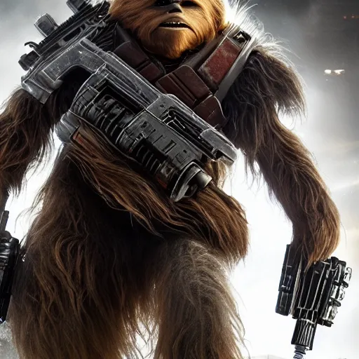 Image similar to chewbacca in gears of war gears of war, splash art, movie still, detailed face, photorealistic facial features, cinematic lighting, dramatic, octane render, long lens, shallow depth of field, bokeh, anamorphic lens flare, 8 k, hyper detailed, 3 5 mm film grain