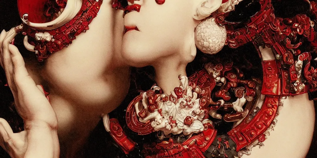 Image similar to a dark baroque close - up portrait of an ornate red and white porcelain being made out of white sci - fi vitrified translucent ceramic marble ; china. reflective detailed textures. gloomy black background. highly detailed fantasy science fiction painting by moebius, norman rockwell, frank frazetta, and syd mead. rich colors, high contrast. artstation