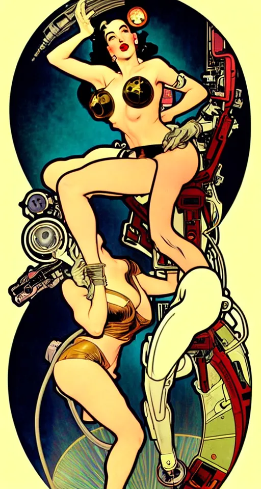 Image similar to a retro future science fiction pinup illustration of dita von teese, alphonse mucha, alberto vargas, gil elvgren, diesel punk.