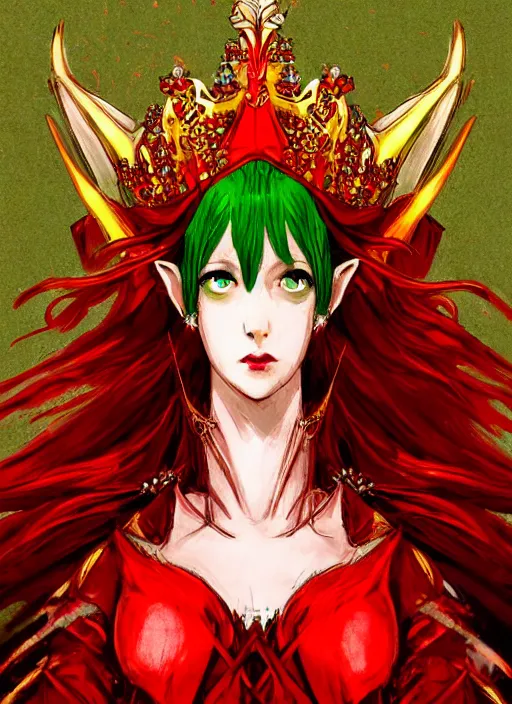 Prompt: Half body portrait of a beautiful red haired elven queen in red and green dress with golden crown sitting on a throne with haughty look. A dark entity is lurking over her shoulder. In style of Yoji Shinkawa, dark fantasy, great composition, concept art, brush strokes.