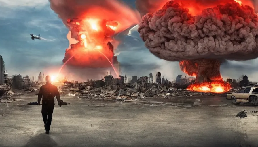 Image similar to big budget action movie about a nuclear explosion destroying a city