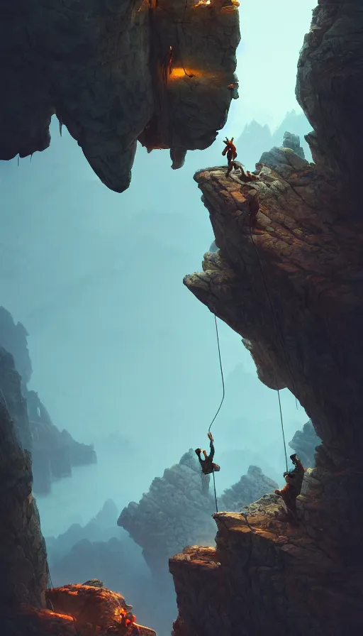 Image similar to rock climbers climbing a rock, an epic fantasy, dramatic lighting, cinematic, extremely high detail, photorealistic, cinematic lighting, matte painting, artstation, octane render, by simon stalenhag, horizon forbidden west