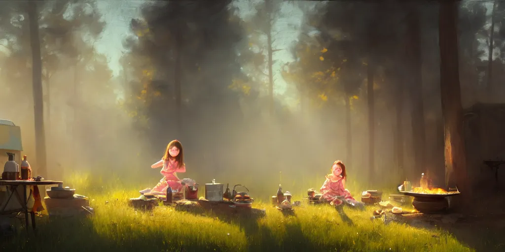 Prompt: big eyed brunette sweet little girl looking sad in front of barbecue near tent at camp, extremely detailed digital painting, in the style of fenghua zhong and ruan jia and jeremy lipking and peter mohrbacher, mystical colors, rim light, beautiful lighting, 8 k, stunning scene, raytracing, octane, trending on artstation