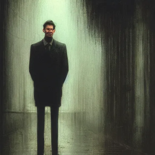 Prompt: patrick bateman standing in the rainy dark streets, portrait, wlop, beksinski and greg rutkowksi, beautiful ambience