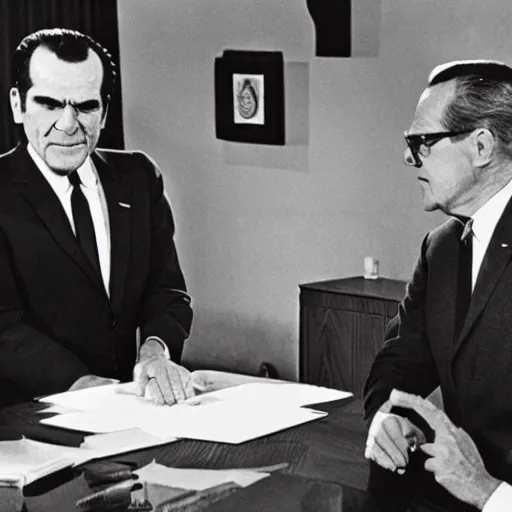 Image similar to presidential debate between waluigi and richard nixon, 1 9 6 0, still, photograph, photo, black and white