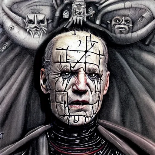 Image similar to painting of Joe Biden as a cenobite, Hellraiser concept art by H.R. Giger, Joel-Peter Witkin, Stephen Gammell, and Beszinski