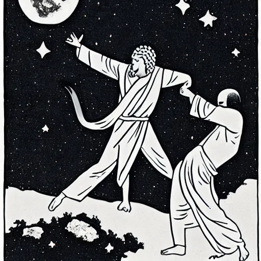 Prompt: Jesus and Buddha fighting to the death on the moon