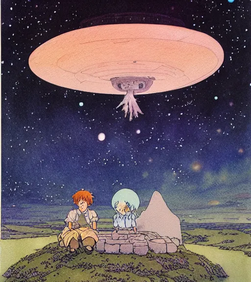 Image similar to hyperrealist studio ghibli watercolor fantasy concept art of an immense ufo from howl's moving castle sitting on stonehenge like a stool. it is a misty starry night. by rebecca guay, michael kaluta, charles vess