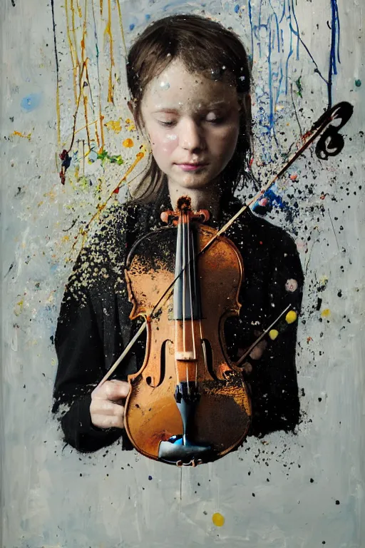 Prompt: portrait of a young violinist focusing and violin hanging in air painted by vincent lefevre and hernan bas and tracey emin and pat steir and hilma af klint, psychological, symmetrical face, dripping paint, washy brush, background with hundreds of bubbles by andreas gursky, rendered in octane, altermodern, masterpiece