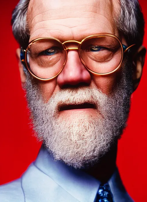 Prompt: platon closeup photograph of david letterman in a purple suit, photorealistic, studio lighting, ektachrome, detailed, intricate, face detail