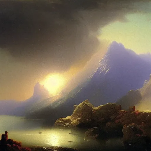 Image similar to a dramatic mountainous landscape matte painting by Ivan Aivazovsky