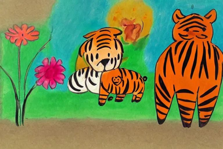 Image similar to a beautiful picture of a tiger and a pig, flower, by sanyu