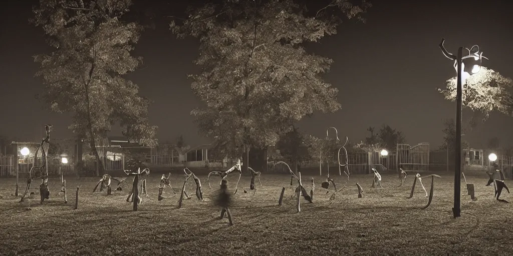 Prompt: a play ground at night, dark haunted by ghosts of children in the style of photographer Joshua Hoffine