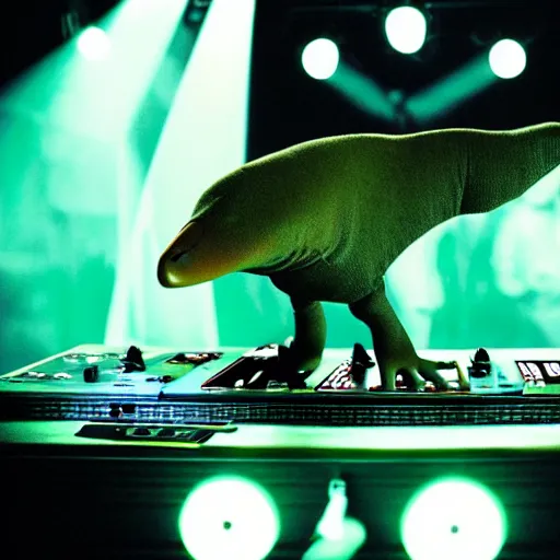 Image similar to A humanoid platypus performing a DJ set in a nightclub, underground magazine, indie culture, bright lights, crowded