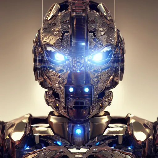 Prompt: Ultra-detailed cinematic render of a mecha cyborg face, cyborg eyes, metalic reflection, unreal engine, dragon armor, intricate, octane render, high quality, ornate gems, 8k, by takeshi yoshida, volumetric lighting, person centered composition, trending on art station