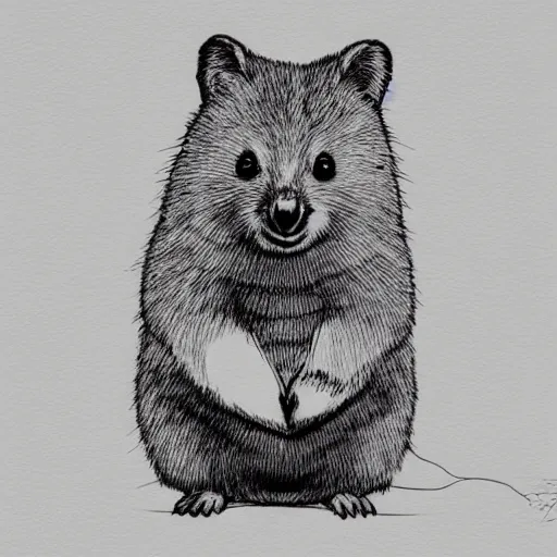 Image similar to portrait of a happy quokka, mcu, drawn with a single line, line drawing, art, minimalist, continuous line drawing, sakura pigma micron, white background, negative space,